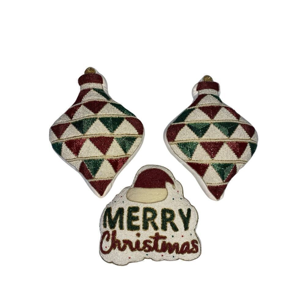 Lot of 3 New Beaded Christmas Throw Pillow Set 12 In Merry Christmas Ornament